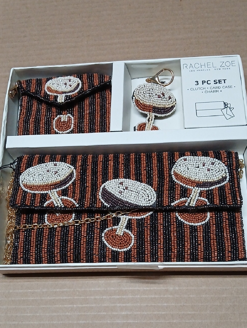 Rachel Zoe Beaded Espresso Martini Design 3 Piece Set - Clutch Card Case Charm - Picture 4 of 11